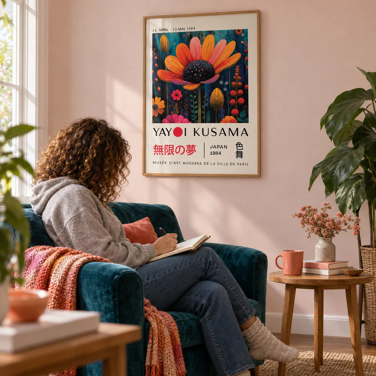 Flower Wall Decor, framed on the wall of a reading corner with a pale pink wall in a living room