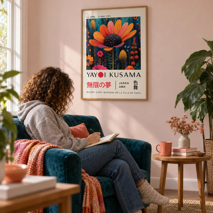 Flower Wall Decor, framed on the wall of a reading corner with a pale pink wall in a living room