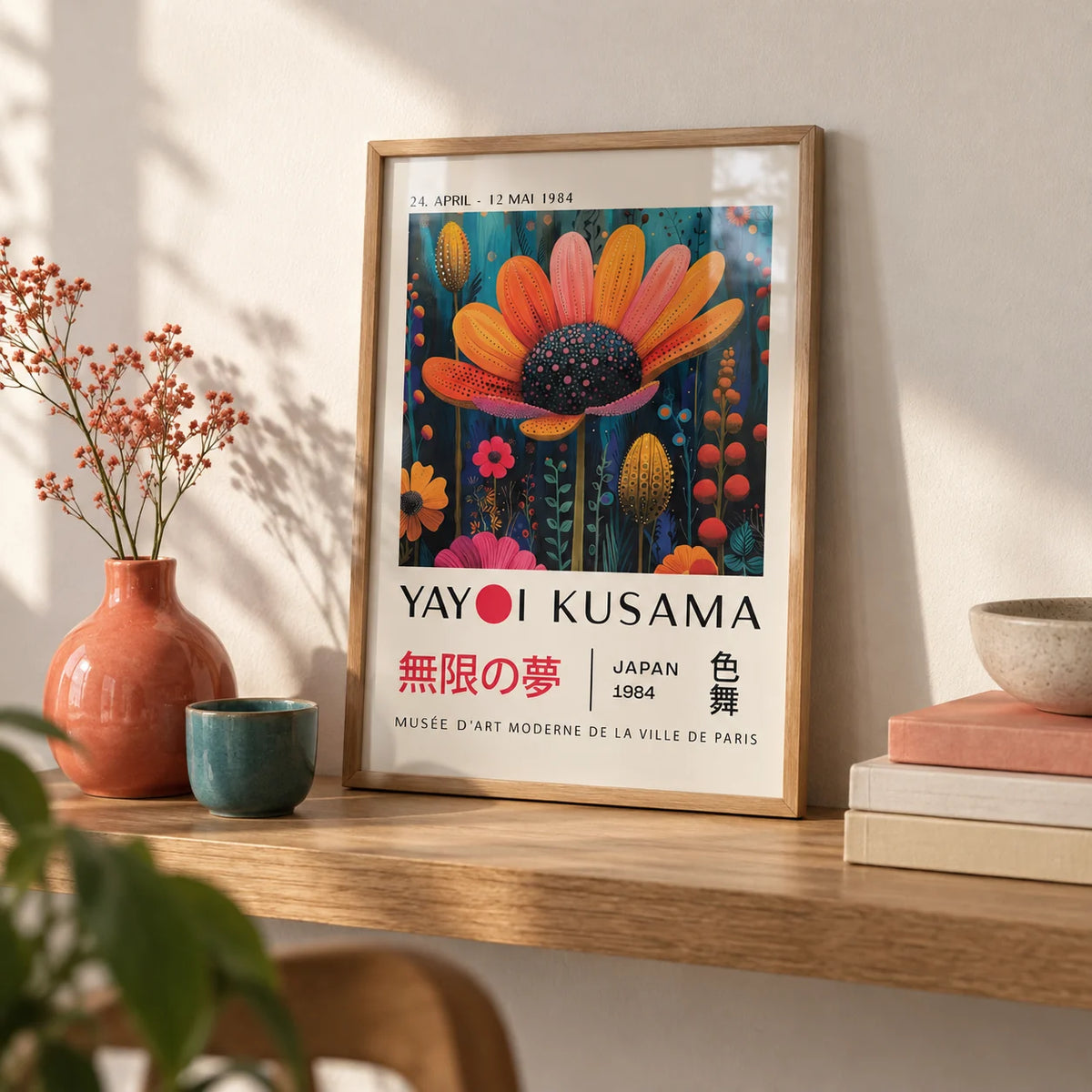 Flower Wall Decor, a small A4 framed print leaning on an oak shelf in a living room