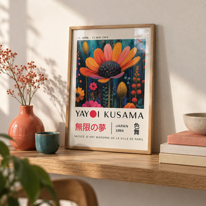 Flower Wall Decor, a small A4 framed print leaning on an oak shelf in a living room