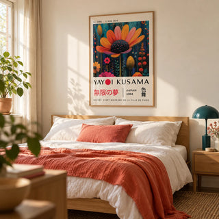 Flower Wall Decor, framed on the wall of a warm bedroom with a soft cream wall