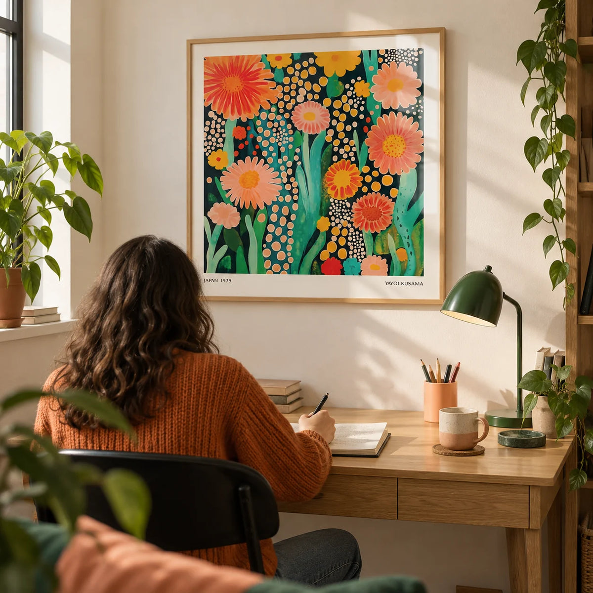 Flowers Print, framed on the wall of a compact creative study in a first UK flat for an adult aged 25-35 with a warm white wall