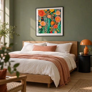 Flowers Print, framed on the wall of a contemporary adult bedroom with a muted green wall and pale timber floor
