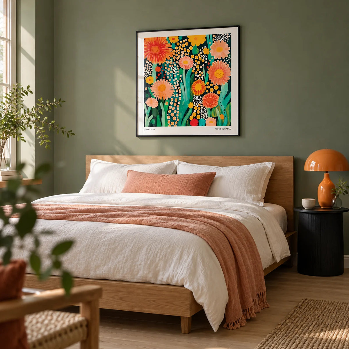 Flowers Print, framed on the wall of a contemporary adult bedroom with a muted green wall and pale timber floor