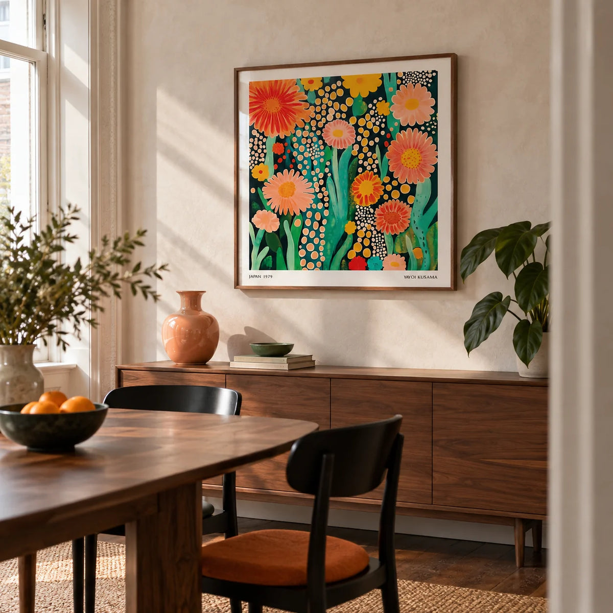 Flowers Print, framed on the wall of a design-led dining room in a Victorian terrace with pale plaster walls