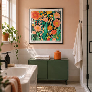 Flowers Print, framed on the wall of a modern bathroom in a UK townhouse with pale peach painted upper walls and plain white tiles
