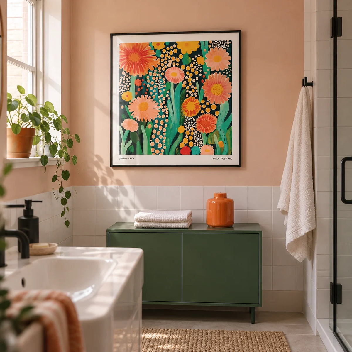 Flowers Print, framed on the wall of a modern bathroom in a UK townhouse with pale peach painted upper walls and plain white tiles