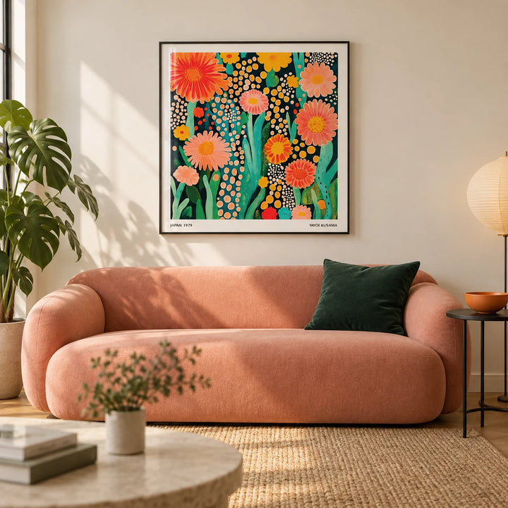 Flowers Print, framed on the wall of a modern living room in a UK city flat with a warm white wall and oak floor