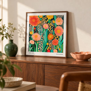 Flowers Print, a small A4 framed print leaning on a walnut sideboard in a living room