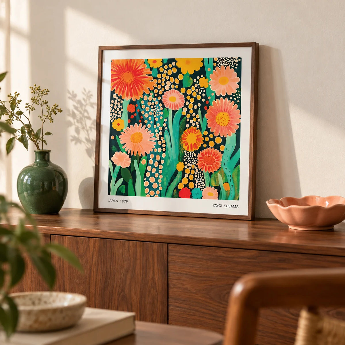 Flowers Print, a small A4 framed print leaning on a walnut sideboard in a living room