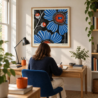 Flowers Prints, framed on the wall of a bright home study in a design-conscious UK townhouse with a warm white wall