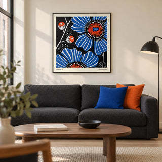 Flowers Prints, framed on the wall of a modern living room in a UK city flat with an ivory wall and pale oak flooring