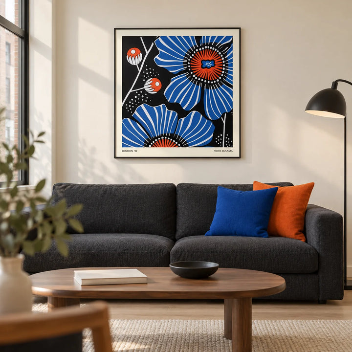 Flowers Prints, framed on the wall of a modern living room in a UK city flat with an ivory wall and pale oak flooring