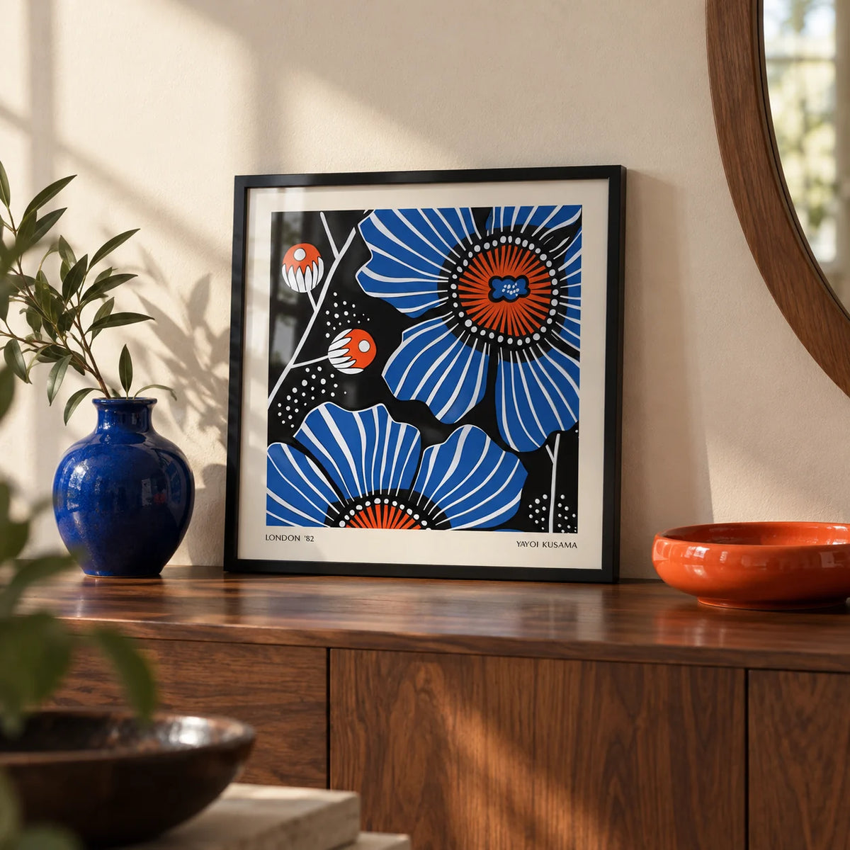 Flowers Prints, a small A4 framed print leaning on a walnut hallway side table