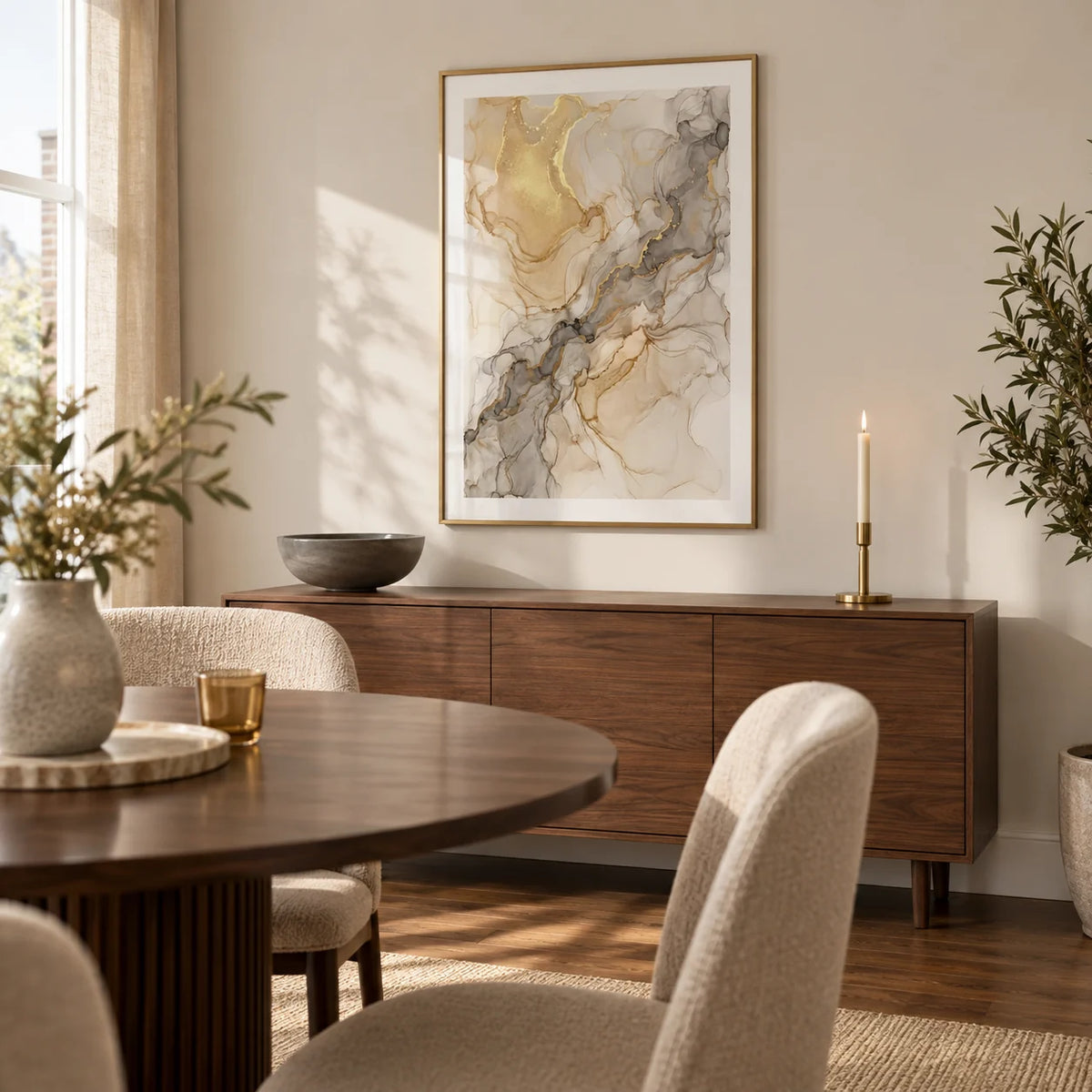 Fluid Art Gold Poster, framed on the wall of a compact contemporary dining room in a UK flat with warm white walls and a walnut floor