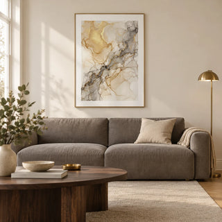 Fluid Art Gold Poster, framed on the wall of a contemporary living room in a UK townhouse with warm ivory walls and an oak floor