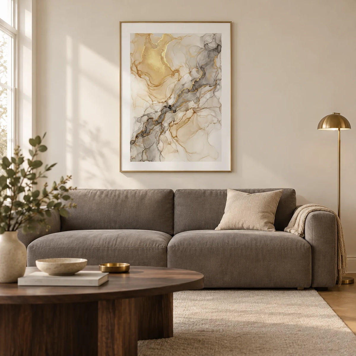 Fluid Art Gold Poster, framed on the wall of a contemporary living room in a UK townhouse with warm ivory walls and an oak floor
