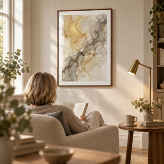 Fluid Art Gold Poster, framed on the wall of a quiet reading corner in a mature couple's UK home with an ivory plaster wall in a living room