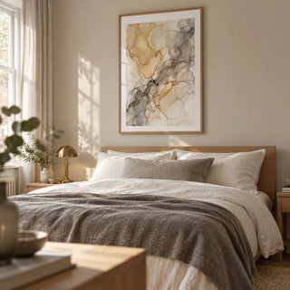 Fluid Art Gold Poster, framed on the wall of a restful main bedroom in a renovated UK terrace with a soft putty wall