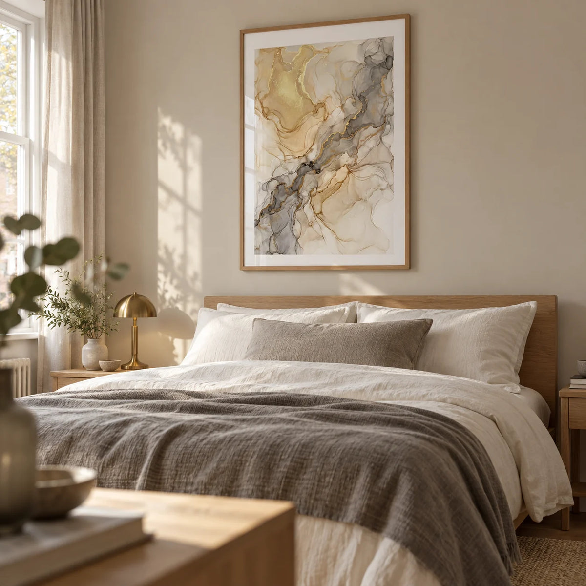 Fluid Art Gold Poster, framed on the wall of a restful main bedroom in a renovated UK terrace with a soft putty wall