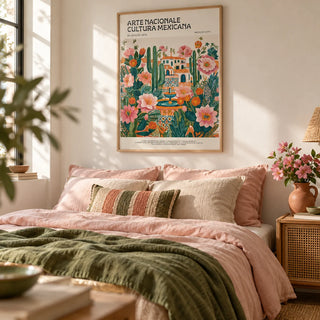 Folk Art Mexico, framed on the wall of a bright bedroom