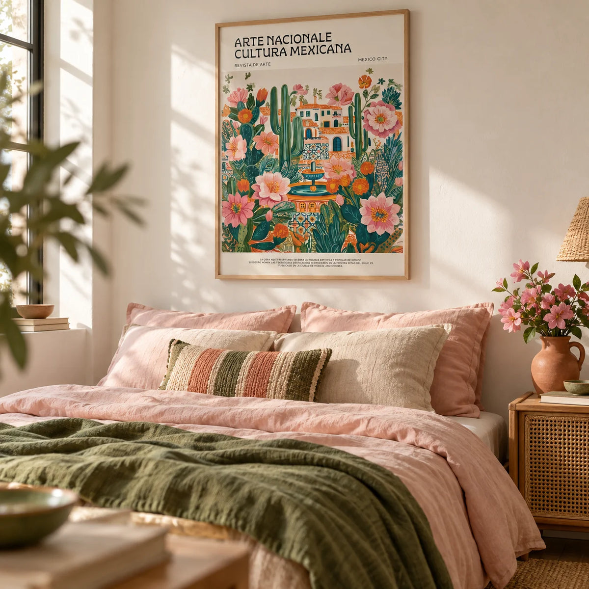 Folk Art Mexico, framed on the wall of a bright bedroom
