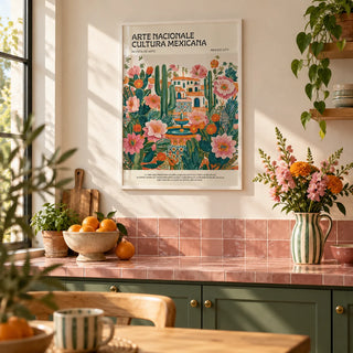 Folk Art Mexico, framed on the wall of a bright kitchen