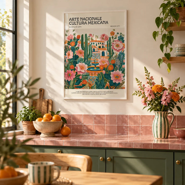 Folk Art Mexico, framed on the wall of a bright kitchen