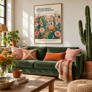Folk Art Mexico, framed on the wall of a cheerful living room