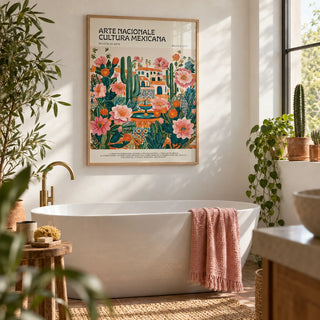 Folk Art Mexico, framed on the wall of a plant-filled bathroom