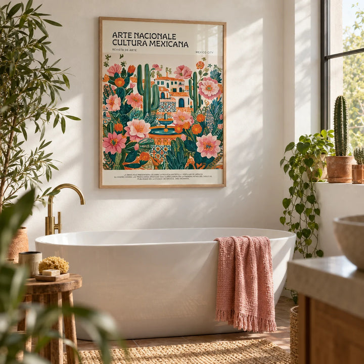 Folk Art Mexico, framed on the wall of a plant-filled bathroom