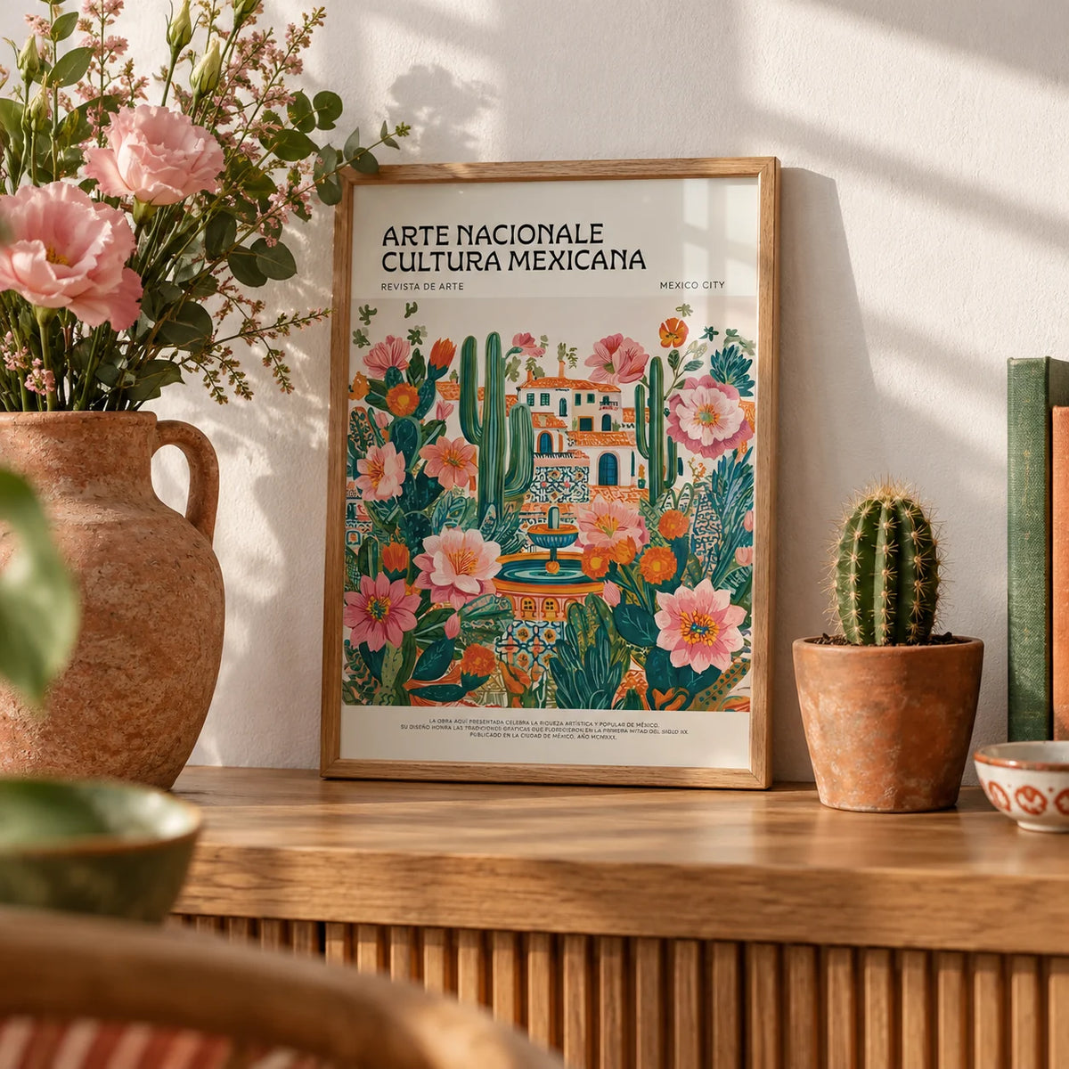 Folk Art Mexico, a small A4 framed print leaning on a wooden shelf in a living room