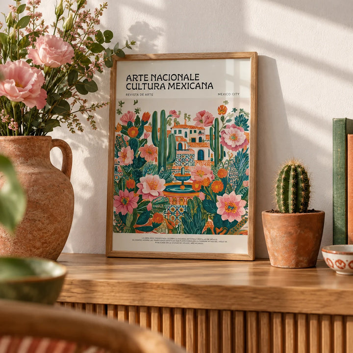 Folk Art Mexico, a small A4 framed print leaning on a wooden shelf in a living room