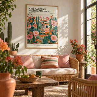 Folk Art Mexico, framed on the wall of a sunny garden room in a living room