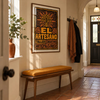 Folk Art Poster, framed on the wall of a characterful narrow hallway in a UK Victorian terrace with warm cream walls and plain terracotta floor tiles