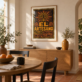 Folk Art Poster, framed on the wall of a compact dining room in a design-led UK flat with warm white plaster walls and plain terracotta floor tiles