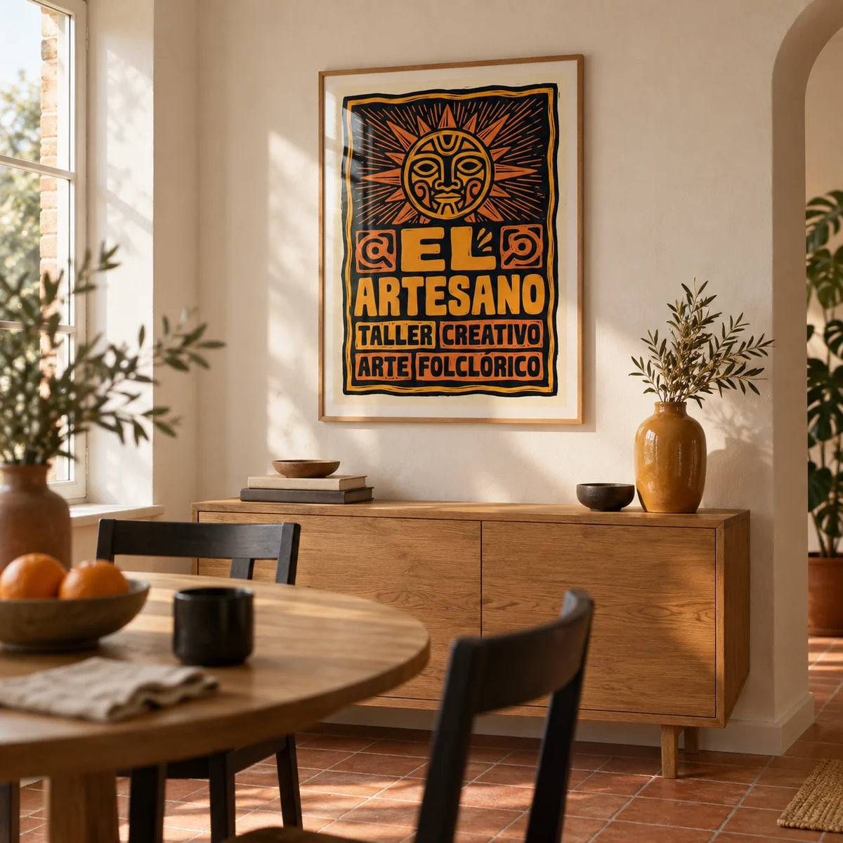 Folk Art Poster, framed on the wall of a compact dining room in a design-led UK flat with warm white plaster walls and plain terracotta floor tiles