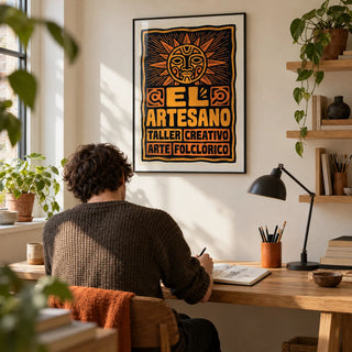 Folk Art Poster, framed on the wall of a creative home study in a UK first home for an adult maker (25-35)