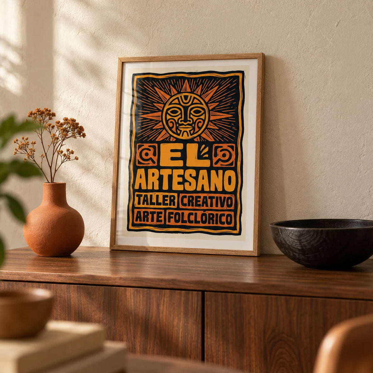 Folk Art Poster, a small A4 framed print leaning on a walnut sideboard in a living room