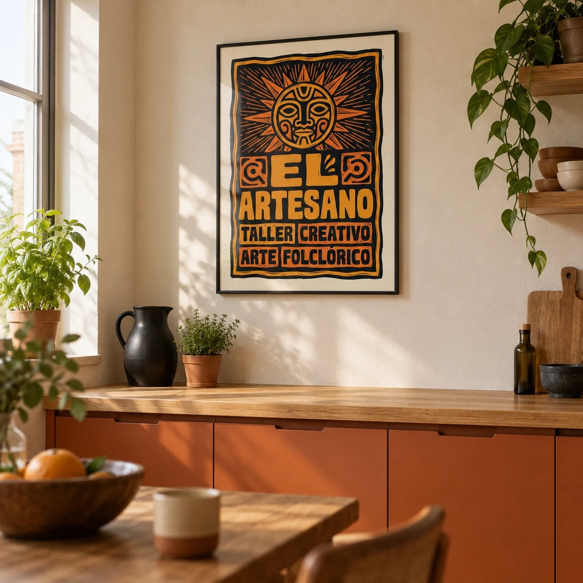 Folk Art Poster, framed on the wall of a warm contemporary kitchen in a UK flat with cream plaster walls