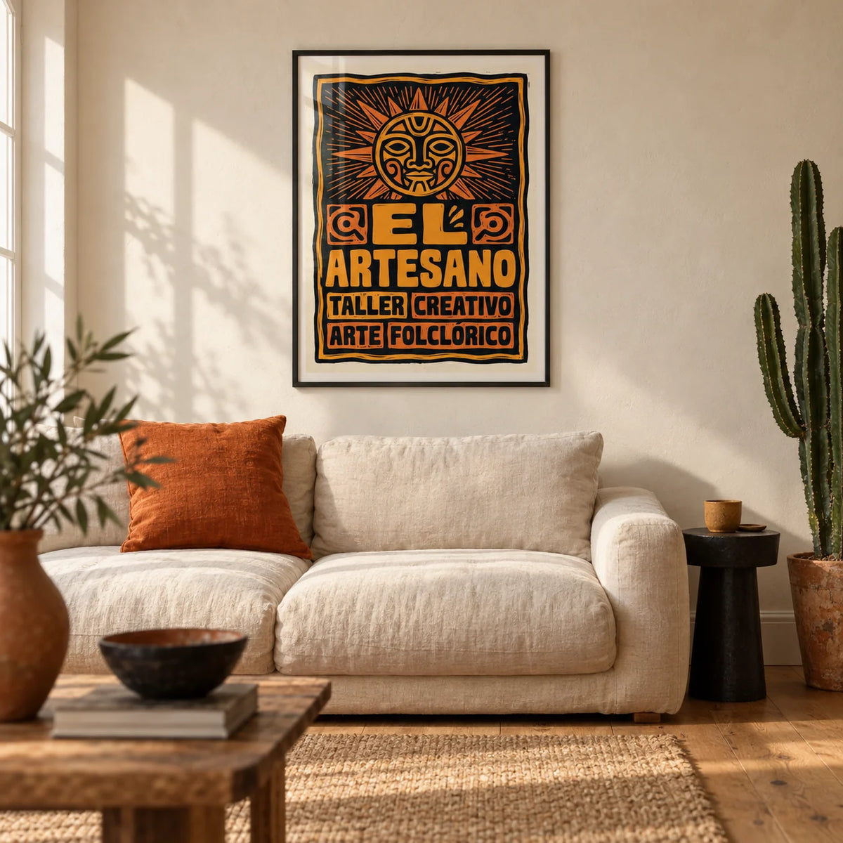 Folk Art Poster, framed on the wall of a warm Mexican-modern living room in a UK terraced house with cream limewashed walls and oak floorboards
