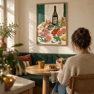 Food And Drink Art Print, framed on the wall of a compact breakfast nook in a first UK flat for a couple aged 25-35 in a kitchen