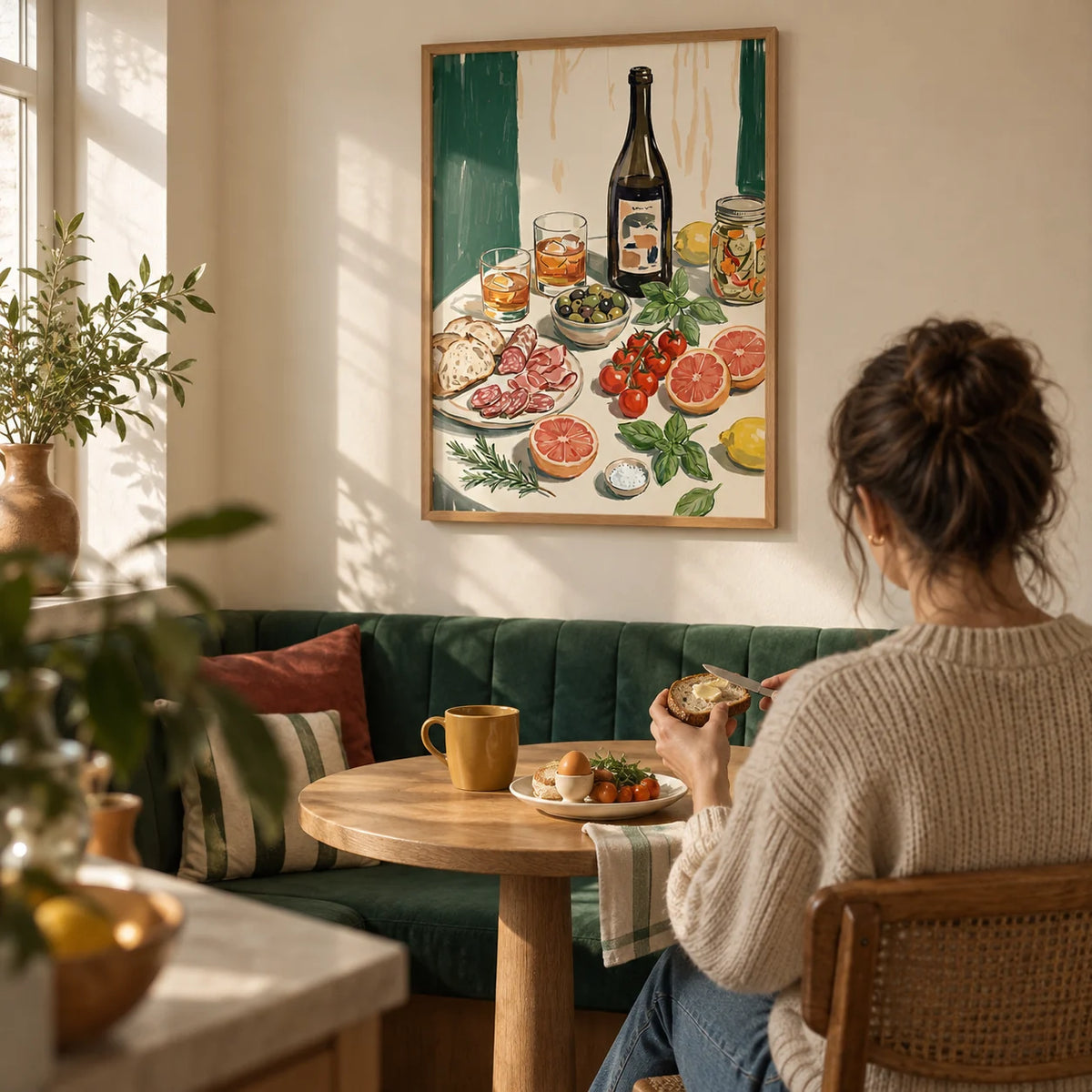 Food And Drink Art Print, framed on the wall of a compact breakfast nook in a first UK flat for a couple aged 25-35 in a kitchen