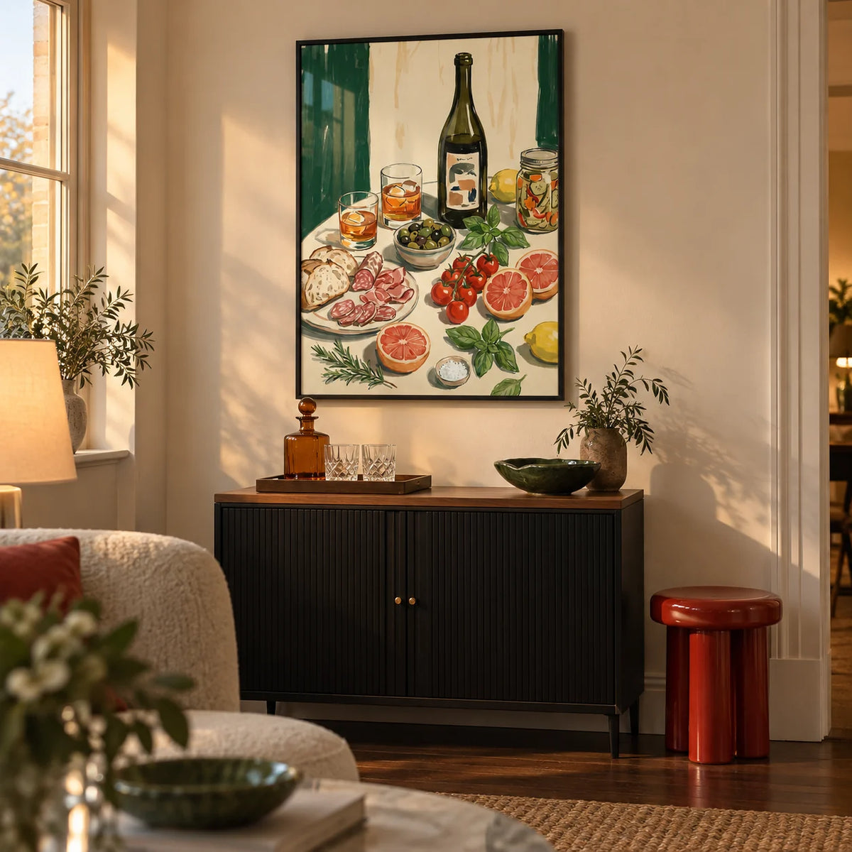 Food And Drink Art Print, framed on the wall of a compact home bar alcove within a contemporary UK living room