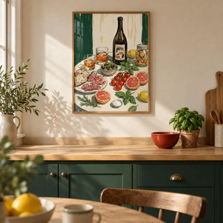Food And Drink Art Print, framed on the wall of a contemporary kitchen in a UK terraced home with deep green lower cabinets