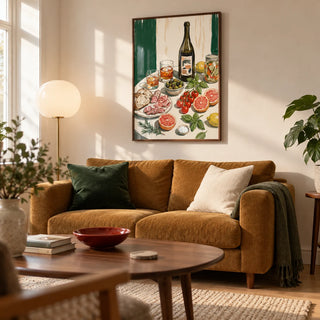Food And Drink Art Print, framed on the wall of a relaxed contemporary living room in a UK flat with warm white walls and pale timber flooring
