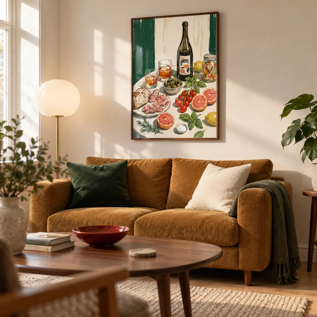 Food And Drink Art Print, framed on the wall of a relaxed contemporary living room in a UK flat with warm white walls and pale timber flooring