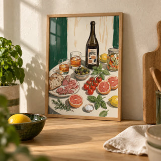 Food And Drink Art Print, a small A4 framed print leaning on a pale oak kitchen worktop