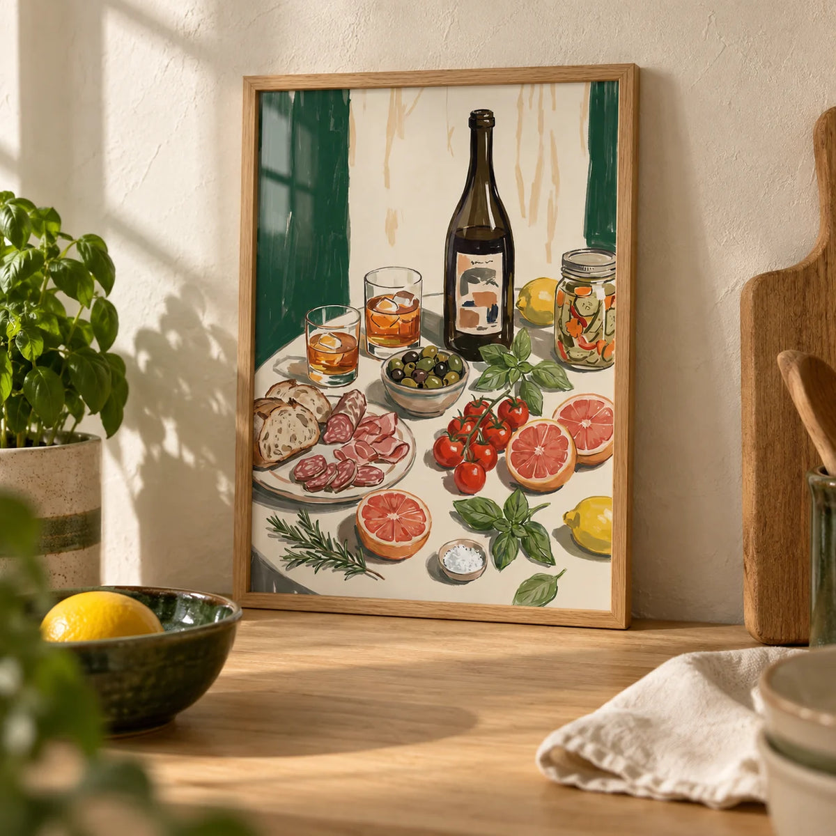 Food And Drink Art Print, a small A4 framed print leaning on a pale oak kitchen worktop