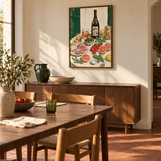 Food And Drink Art Print, framed on the wall of a warm modern dining room with cream walls